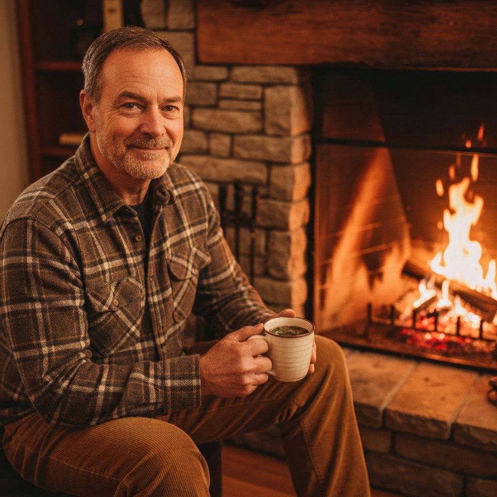 Man by fireside with warm herbal tea in ceramic mug